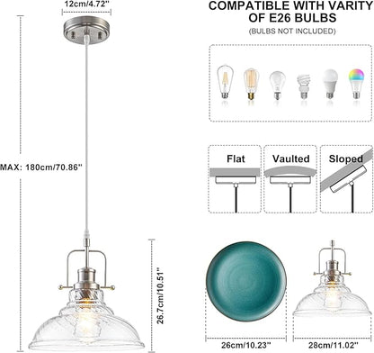 WILON Brushed Nickel Striped Glass Chandelier Pendant Lights Kitchen Island Lighting, Modern Hanging Lamp for Sink Dining Room Over Table Hallway Entryway Bar Foyer Bathroom