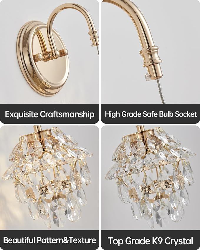 Pinecone Shape Crystal Vintage Gold Wall Sconces Chandelier Set of 2, Modern Victorian Indoor Hardwired Wall Mount Lamp Light Fixture for Bedroom Living Room Bathroom Vanity Light Hallway Wall Decor