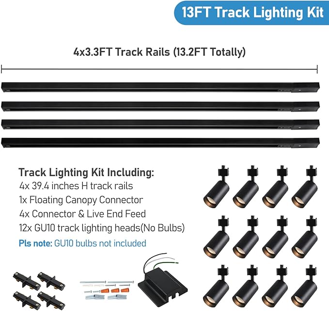 12-Light LED Track Lighting Kit with 13FT H Track Lighting Rails & Floating Canopy Connector, GU10 Track Light Kit, Modern Kitchen Track Lighting Fixtures Ceiling Spot Light, Black(No Bulbs)