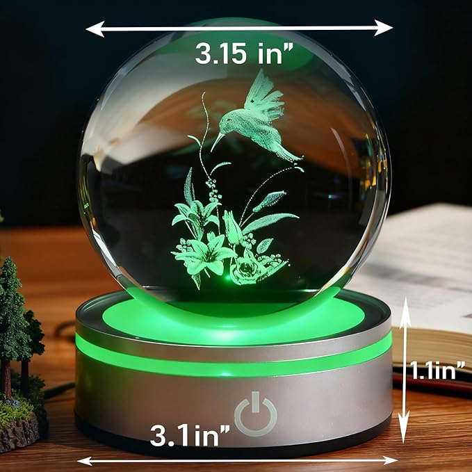 Hummingbird Gifts, 3D Hummingbird 3.15 Inch (80mm) Crystal Ball Lamp with Battery Powered, RGB Color Light for Birthday Xmas Cool Upgraded Bird Figurines Gifts for Room Decor Boys Girls