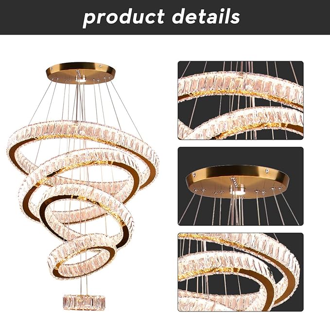 Dixun LED Big Crystal Chandeliers Modern 5 Rings Pendant Light Adjustable Ceiling Light for Bedroom Dinning Room Kitchen (Warm White)