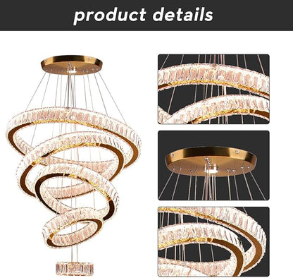 Dixun LED Big Crystal Chandeliers Modern 5 Rings Pendant Light Adjustable Ceiling Light for Bedroom Dinning Room Kitchen (Warm White)