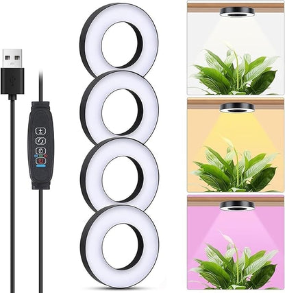 Banax LED Grow Light for Indoor Plants 144 LEDs, Four-Head Ring Design, 5V/2A 10 Brightness Levels, 3/9/12H Timer, Ideal for Herbs, Succulents & Seedlings（Black）