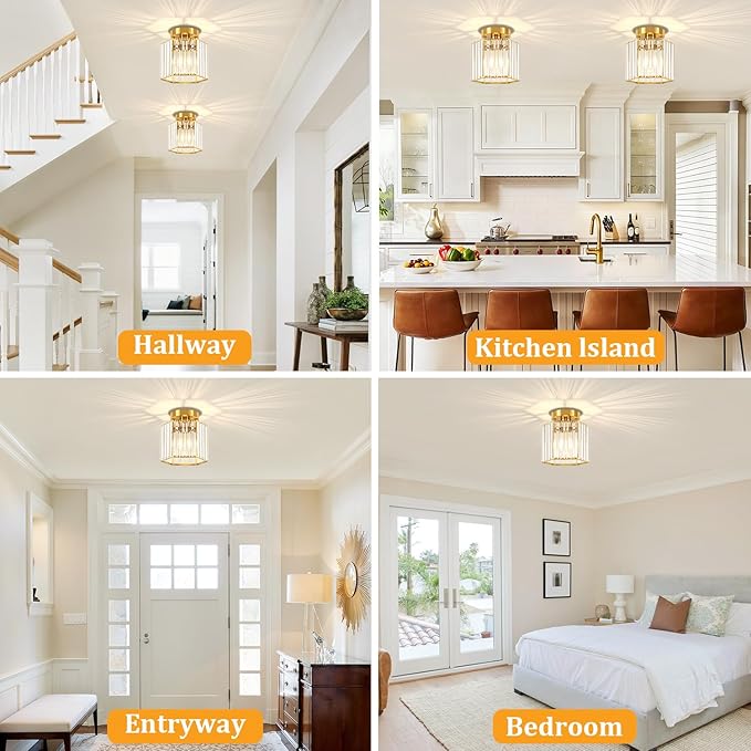 TOULMJ 2 Pack Brushed Gold Ceiling Lights, Modern Crystal Semi Flush Mount Kitchen Ceiling Lighting Fixtures Hallway Ceiling Lamp for Bathroom Bedroom Laundry Room Entryway Foyer Lighting