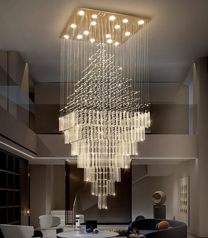 HAIXIANG W40 x H120 Glam Chandelier with LED Bulbs Square Chandeliers, Crystal Raindrop High Ceiling Pendant Light for Entrance Large Villa Foyer Lighting Fixtures Gold