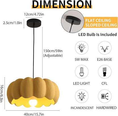 JAYMP Yellow Pumpkin Shape Pendant Light for Dining Room Kitchen Island Hallway Farmhouse Style Hanging Lamp E26 Base, 40cm/15.8in