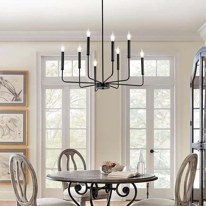 WOKNOS Modern Black Farmhouse Chandeliers, 8-Light Industrial Metal Chandelier Lighting, Classic Candle Hanging Pendant Light Fixtures for Kitchen Bedroom, Dining Room, Living Room,Foyer