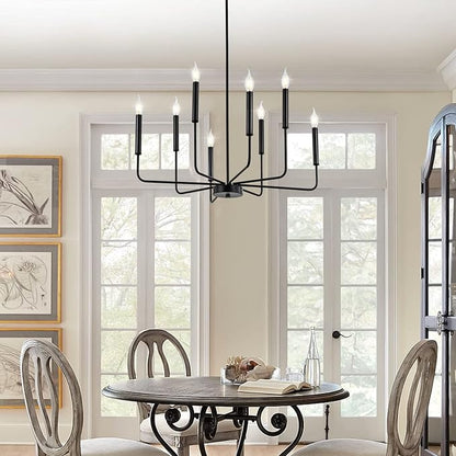 WOKNOS Modern Black Farmhouse Chandeliers, 8-Light Industrial Metal Chandelier Lighting, Classic Candle Hanging Pendant Light Fixtures for Kitchen Bedroom, Dining Room, Living Room,Foyer