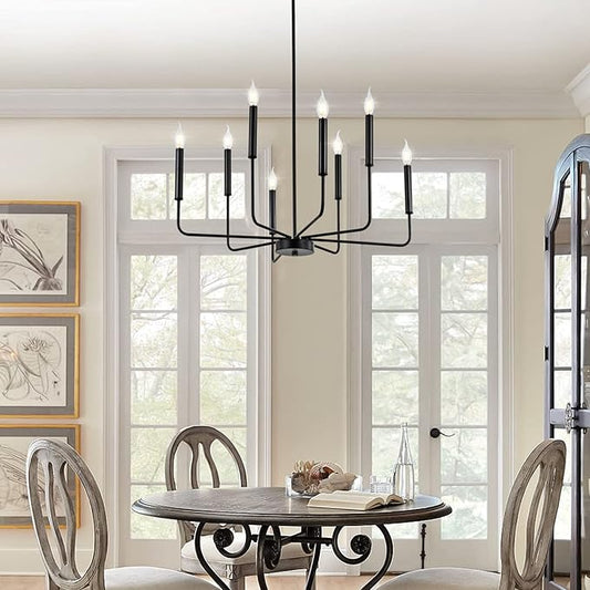 WOKNOS Modern Black Farmhouse Chandeliers, 8-Light Industrial Metal Chandelier Lighting, Classic Candle Hanging Pendant Light Fixtures for Kitchen Bedroom, Dining Room, Living Room,Foyer