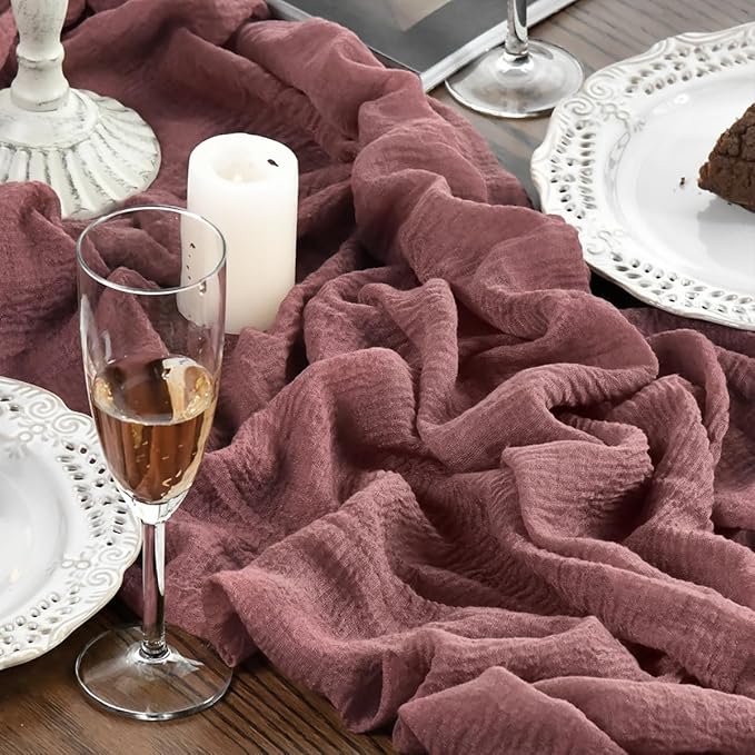 Artoid Mode Boho Cheesecloth Gauze Dusty Rose Wedding Table Runner, 120 Inch Seasonal Fabric Kitchen Dining Holiday Table Decor for Home Party Indoor