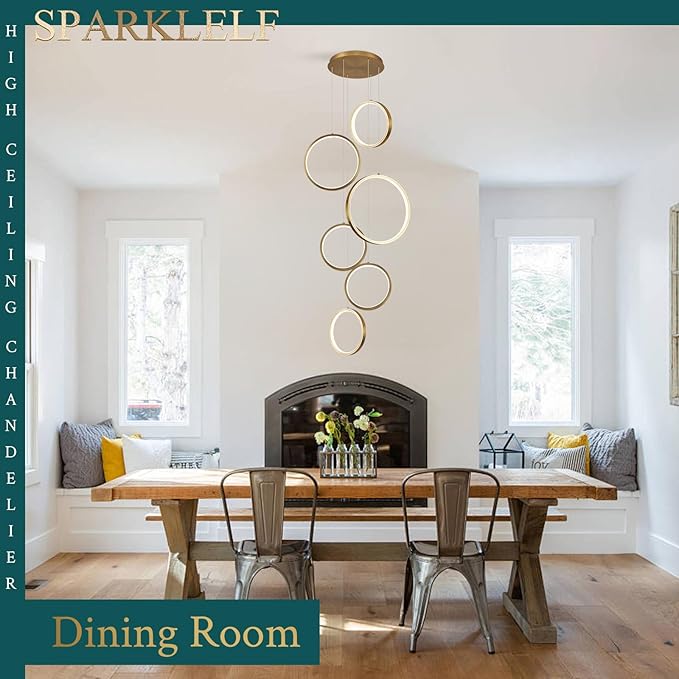 6 Rings Modern LED Chandelier for High Ceiling Dimmable Gold Contemporary Pendant Light Fixture Long Foyer Chandelier for Entryway Staircase Dining Room Living Room, 3000-6500K