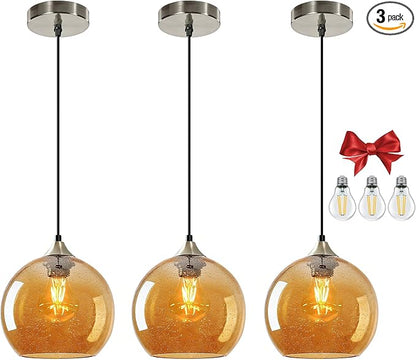Amber Glass Pendant Light for Kitchen Island, Includes 3 Bulbs & 4.92FT Adjustable Cord, Modern Pendant Lighting Fixtures for Kitchen, Dining Room, Living Room(7.1in)