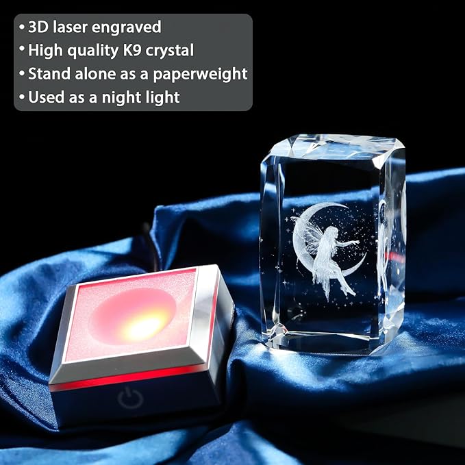 3D Crystal Cube Fairy Night Light Room Decor Paperweight Figurine Statue Gifts for Adults Girls - Engraved Glass Collectible Ornament Gifts for Fairy Lovers