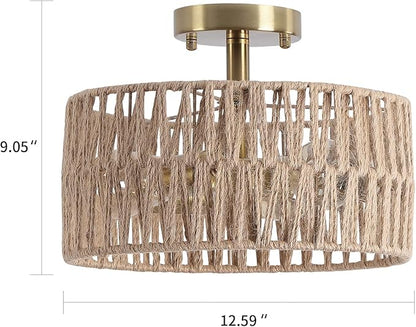 3-Light Antique Gold Woven Flush Mount Light Fixture Rustic Coastal Hemp Rope Brass Semi Flush Mount Ceiling Light for Hallway Bedroom Kitchen Entryway Farmhouse Living Room