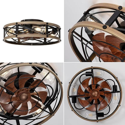 SHLUCE 19" Farmhouse Caged Flush Mount Ceiling Fan with Light, Rustic Fandelier Bladeless Ceiling Fans with Lights and Remote, Small Low Profile Ceiling Fan with Light for Kitchen, Bedroom - ETL