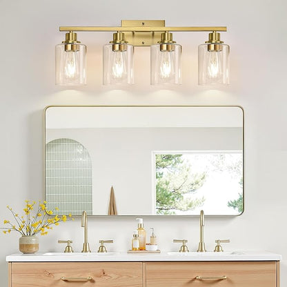 MOKATNG 4-Light Bathroom Light Fixtures, Vanity Light with Clear Glass Shades, Brushed Gold Bathroom Light Fixtures Over Mirror, Modern Bathroom Wall Lamp for Mirror Living Room Cabinet Bedroom