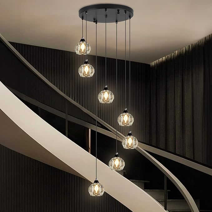 Weesalife Crystal Chandeliers for Staircases, 7-Light Black Modern Chandeliers for High Ceilings，Crystal Pendant Light Fixture for Living Room Kitchen Island Foyer Hallway Bar