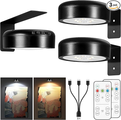Picture Light for Wall Display Rechargeable with Remote, Wireless Painting light 3PACK, Brightness Dimmable with 3 Color Temp, Art Display Accent Lighting, Timmer Auto-OFF for Frame Gallery Portrait