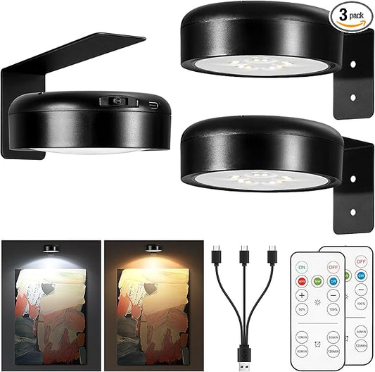 Picture Light for Wall Display Rechargeable with Remote, Wireless Painting light 3PACK, Brightness Dimmable with 3 Color Temp, Art Display Accent Lighting, Timmer Auto-OFF for Frame Gallery Portrait