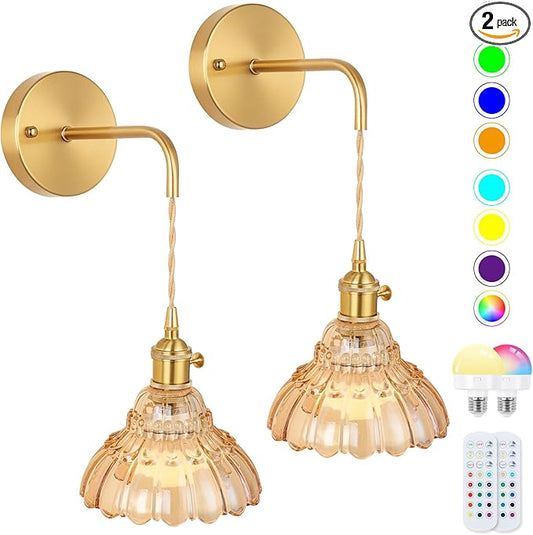 Vintage Wall Sconce Set of Two, Battery Operated Wall Sconces with Amber Glass Lampshade, Wireless Wall Sconces, Rechargeable Wireless RGB Wall Lights for Bedroom Living Room etc