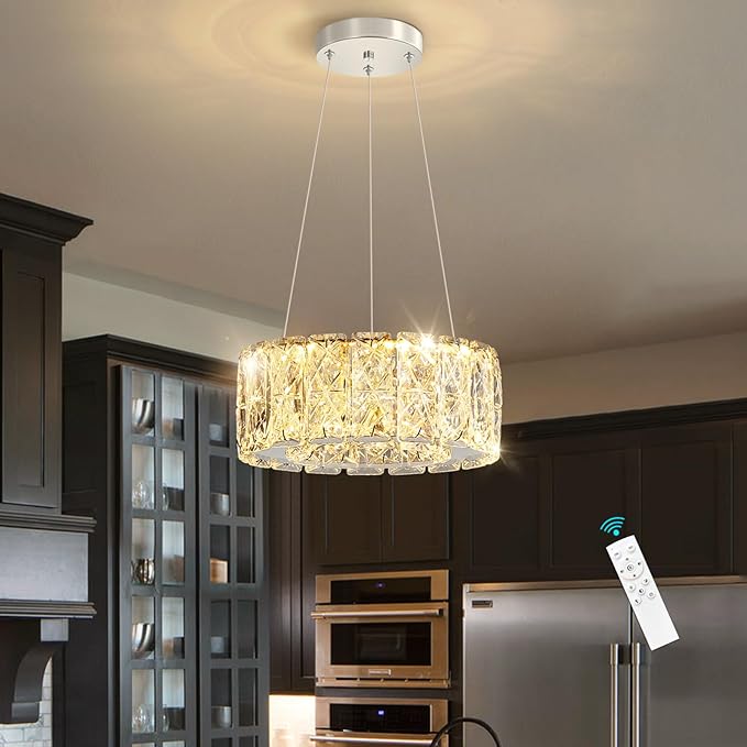 Modern Crystal Chandelier 8W Dimmable LED Crystal Pendant Light Fixtures Height Adjustable Round Chandeliers for Dining Room Hallway Bedroom Silver