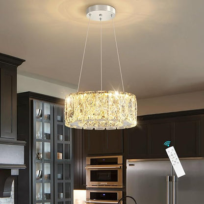 Modern Crystal Chandelier 8W Dimmable LED Crystal Pendant Light Fixtures Height Adjustable Round Chandeliers for Dining Room Hallway Bedroom Silver