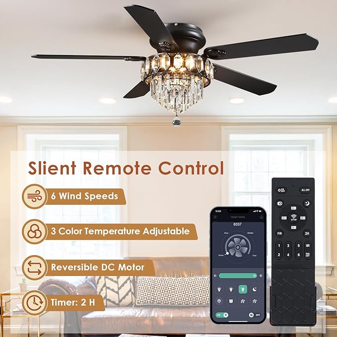Asyko 52" Low Profile Crystal Ceiling Fan Fandelier with Lights and Remote Control- Retro/Farmhouse Ceiling Fans with Noiseless DC Motor, Flush Mount Ceiling Fan Light for Dining Room,Bedroom