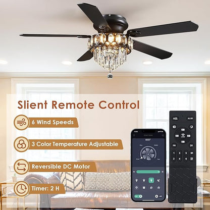 Asyko 52" Low Profile Crystal Ceiling Fan Fandelier with Lights and Remote Control- Retro/Farmhouse Ceiling Fans with Noiseless DC Motor, Flush Mount Ceiling Fan Light for Dining Room,Bedroom