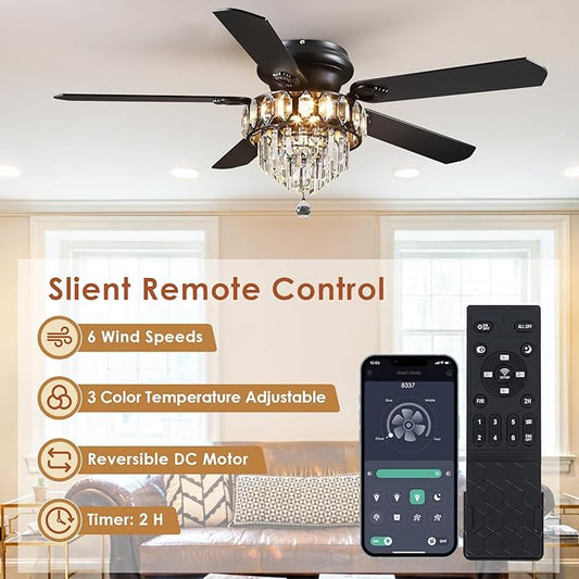 Asyko 52" Low Profile Crystal Ceiling Fan Fandelier with Lights and Remote Control- Retro/Farmhouse Ceiling Fans with Noiseless DC Motor, Flush Mount Ceiling Fan Light for Dining Room,Bedroom