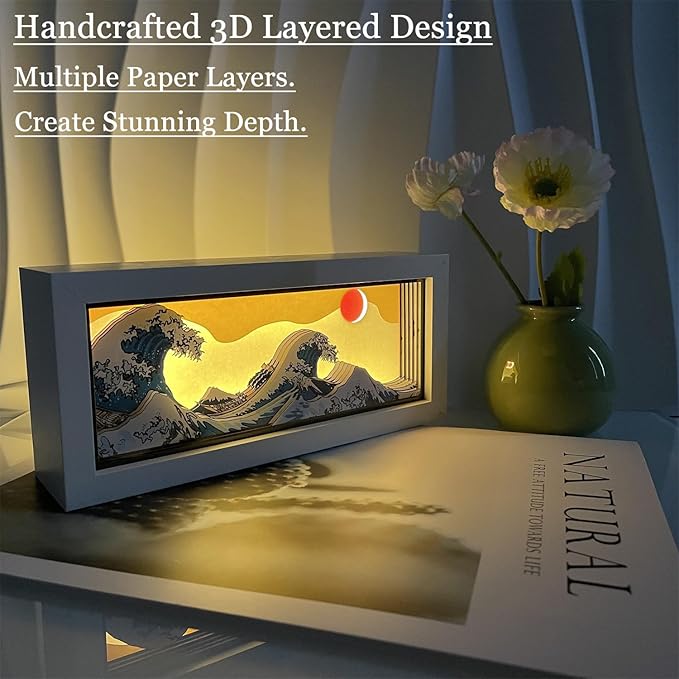 Hokusai The Great Wave 3D Paper Carving LED Night Light – Shadow Box Lamp, USB & Battery Powered Decorative Light for Bedroom & Living Room, Aesthetic Room Decor & Ideal Gift for Art Lovers