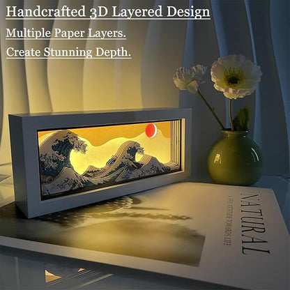 Hokusai The Great Wave 3D Paper Carving LED Night Light – Shadow Box Lamp, USB & Battery Powered Decorative Light for Bedroom & Living Room, Aesthetic Room Decor & Ideal Gift for Art Lovers