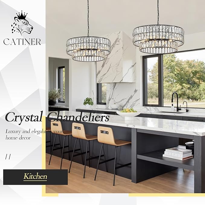 CATINER 24'' Black Crystal Chandeliers Luxury 8-Lights Pendant Chandelier Drum Semi Flush Mount Ceiling Lights for Living Room Dining Room Foyer Bedroom Kitchen