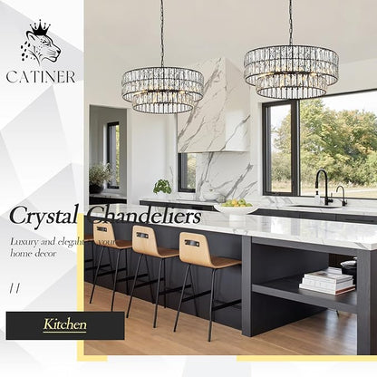 CATINER 24'' Black Crystal Chandeliers Luxury 8-Lights Pendant Chandelier Drum Semi Flush Mount Ceiling Lights for Living Room Dining Room Foyer Bedroom Kitchen