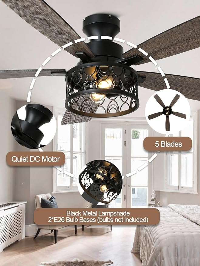 52 Inch Farmhouse Ceiling Fan with Lights Remote Modern Caged Chandelier Fan Rustic Fandelier, 5 Dual Blades, Reversible Quiet DC Motor 6 Speeds for Bedroom Patio (Metal Cage)