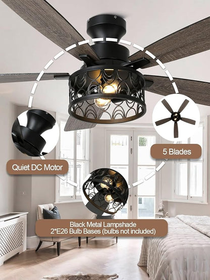 52 Inch Farmhouse Ceiling Fan with Lights Remote Modern Caged Chandelier Fan Rustic Fandelier, 5 Dual Blades, Reversible Quiet DC Motor 6 Speeds for Bedroom Patio (Metal Cage)
