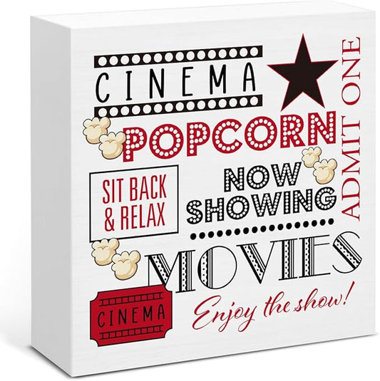 Vintage Movie Theater Decor, Movie Room Accessories, Retro Wooden Sign for Home Theater Gaming Room Desk Decoration 5 x 5 Inches