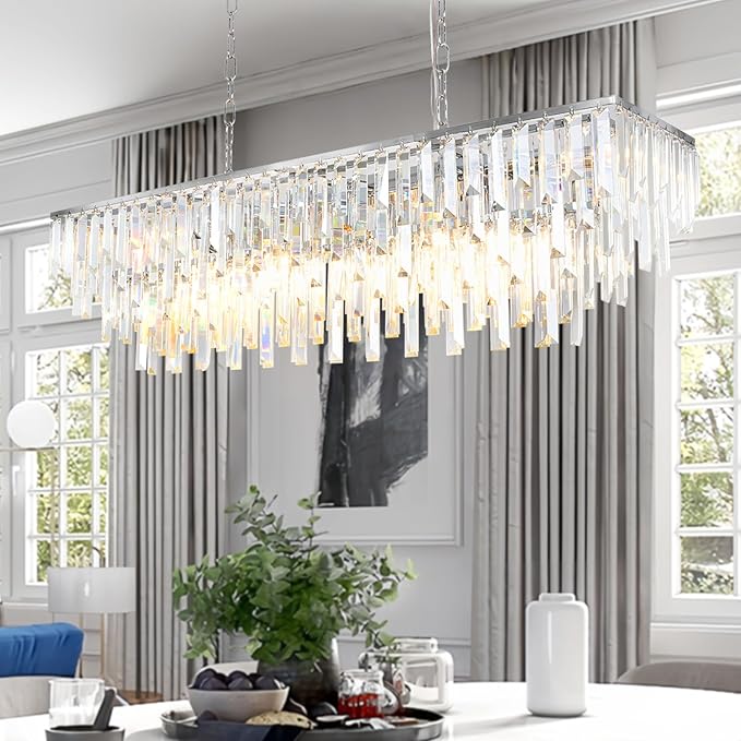 Dining Room Chandelier, 12 Lights Chrome Rectangle Crystal Chandeliers for Dining Room Kitchen Table Living Room Modern Rectangular Pendant Light Fixture 40"