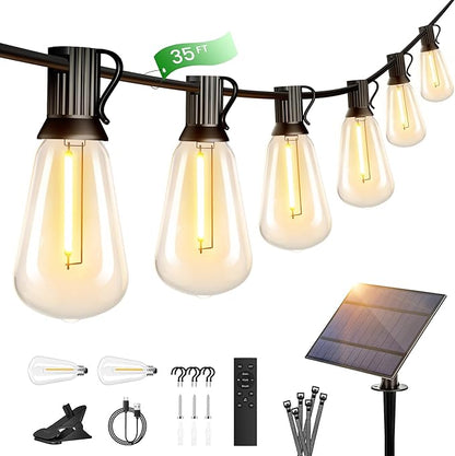 OHLUX 35FT Solar Globe String Lights Outdoor, Waterproof Solar Patio Lights with Remote, 17 Shatterproof LED Filament ST38 Bulbs, 2200K Soft White Dimmable Edison Hanging Lights for Gazebo Deck