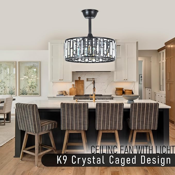 18.2" Modern Crystal Ceiling Fan with Light Black Crystal Fandelier Light Caged Ceiling Fan Light with Remote Reversible Industrial Chandelier Fan for Bedroom Living Room Dining Room Entry foryer