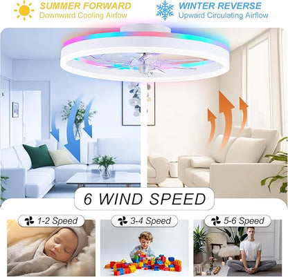 RGB Ceiling Fans with Lights, 20" Fandelier Low Profile Ceiling Fan with Light, Modern Flush Mount Ceiling Fan Light with Remote/APP Control, Bedroom Chandelier Fan Fixture for Indoor(White)