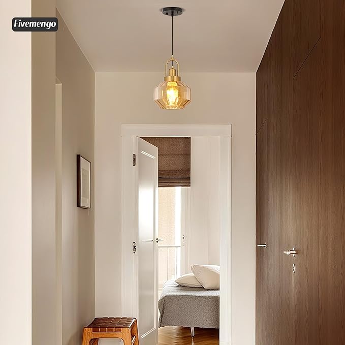 9in Mid Century Modern Amber Glass Pendant Light Fixture Small Gold Globe Kitchen Island Pendant Light with Hand Blown Glass Ceiling Hanging Lamp for Foyer Dining Room Bedroom Entryway