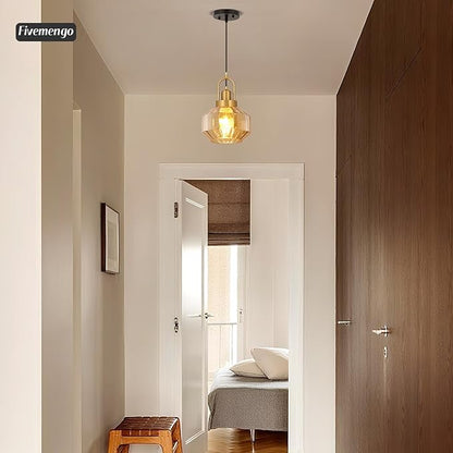 9in Mid Century Modern Amber Glass Pendant Light Fixture, Small Gold Kitchen Island Pendants Light Glass Ceiling Hanging Lamp for Foyer Dining Room Bedroom Entryway Hallway Over Sink