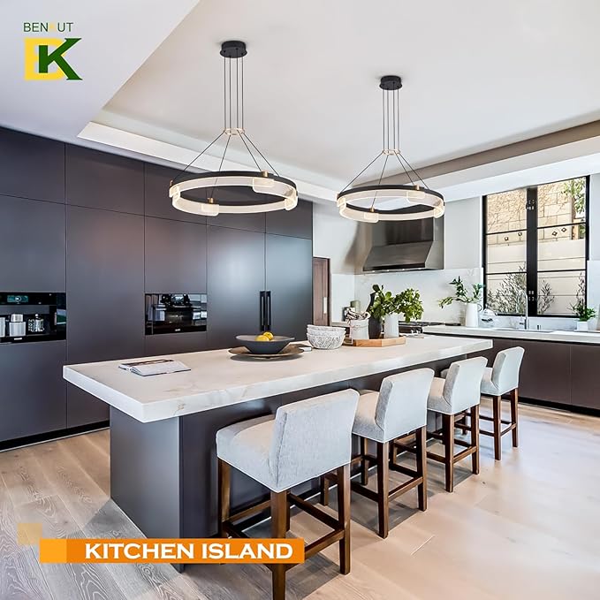 Benkut Modern LED Pendant Light Dimmable Black LED Chandelier for Dining Room Pendant Light Fixture Over Table Modern Chandelier Kitchen Island Living Room Entryway, 24 inch 3000K-6500K