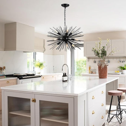 24in Black Sputnik Chandelier Light Fixture Over Table Modern 9-Lights Starburst Chandelier Solid Metal Satellite Sputnik Light Fixture for Dining Room, Kitchen Island, Bedroom,Foyer,Entryway