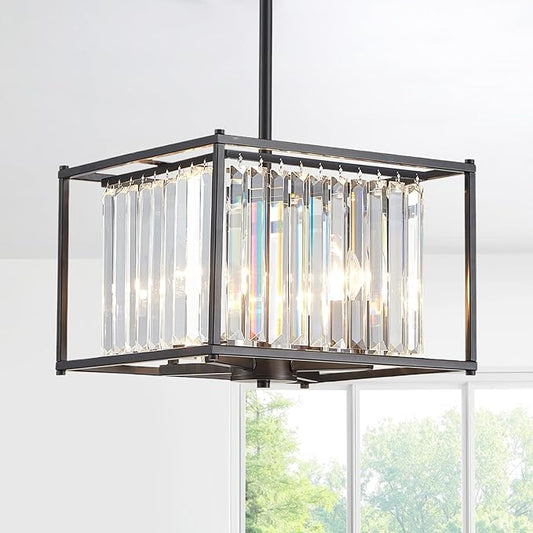 Square Black Crystal Chandeliers for Dining Room, 13" Luxury Geometric 4-Light Kitchen Farmhouse Pendant Lighting Fixture for Pool Table Entryway Foyer Hallway Office