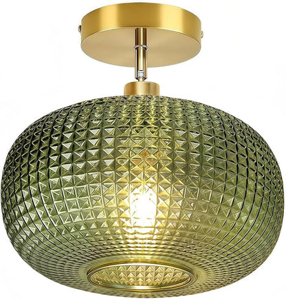 Semi Flush Mount Ceiling Light,Hallway Light Fixtures,Globe Glass Ceiling Fixture with Green Shade,Kitchen Ceiling Light Fixture,Vintage Green Ceiling Lights,Retro Ceiling Lighting for Entryway Porch