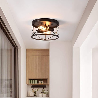 2-Light Flush Mount Black Ceiling Light Fixture, Farmhouse Vintage Industrial Metal Cage, Dimmable for Hallway Kitchen Bedroom Living Room Laundry Utility Room Closet Bathroom Entryway Office