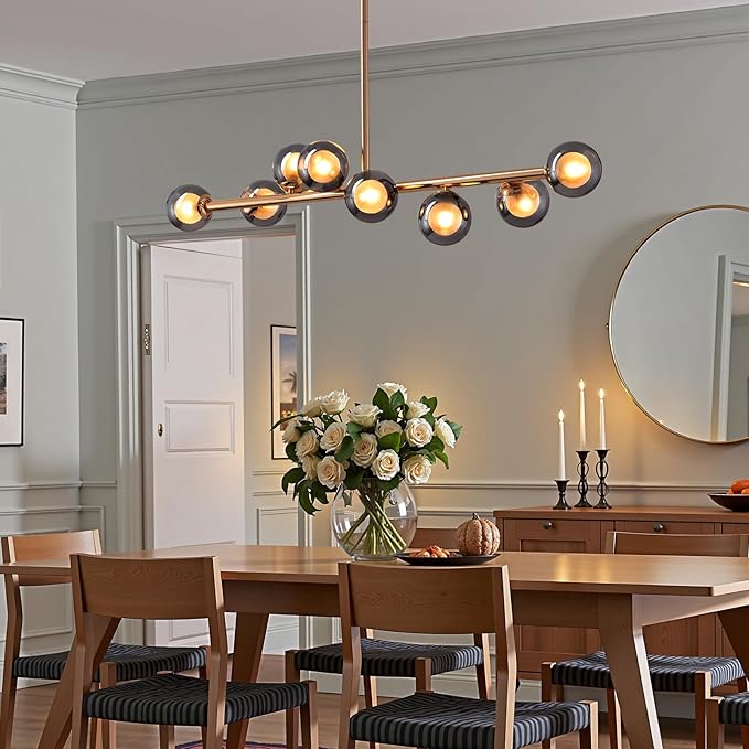 Mid Century Chandelier, Gold Sputnik Pendant Light with Smoky Gray Glass Lampshade,8 Lights Globe Rectangle Linear Chandeliers for Dining Room Kitchen L41INxW10IN