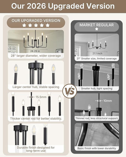Yunnix 6 Light Matte Black Chandelier Modern Farmhouse Chandelier for Dining Room Light Fixtures Ceiling Hanging, Iron Chandelier for Bedroom, Foyer, Entryway, Kitchen, Living Room and Entryway