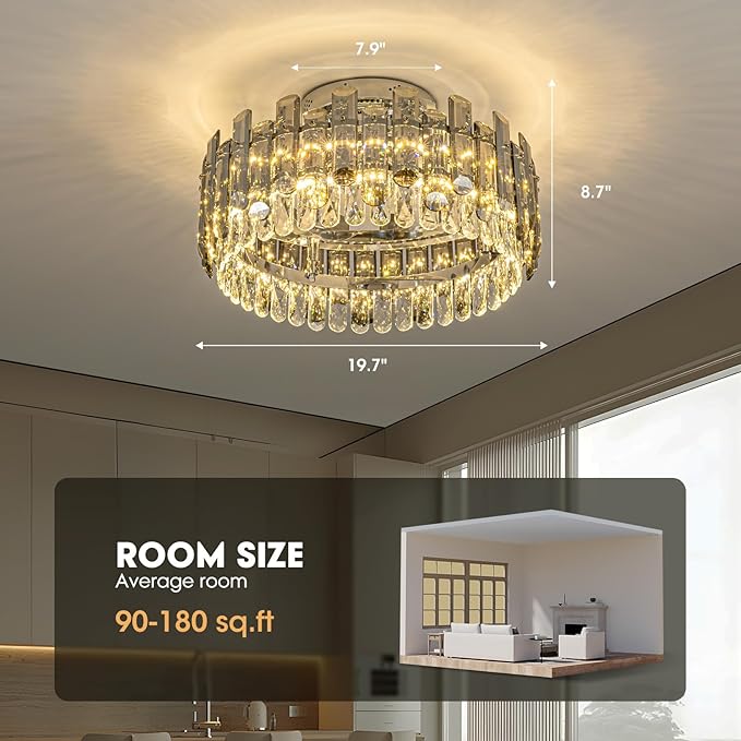 Crystal Ceiling Fan with Lights, Modern Chandelier Ceiling Fan with Remote, 6-Speed Wind, Dimmable LED, 20” Low Profile Ceiling Fan for Bedroom Dining Room Living Room